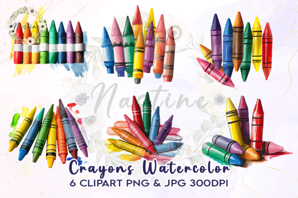 Crayons Watercolor Clipart for Crafts Branding