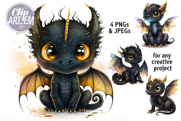 Cute Black Dragon Wall Art 4 JPEGs Set: A Blog Designer’s Visual Review