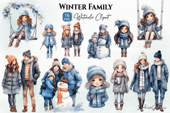 Cute Winter Family Clipart Bundle: Festive Illustrations for Cozy Branding