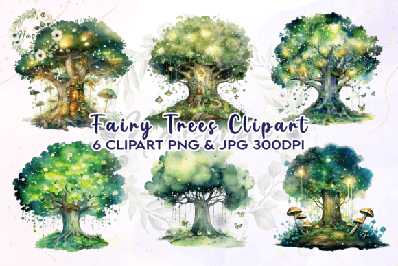 Fairy Trees Watercolor Clipart for Crafts and Editorial Design