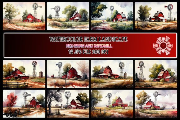 Farm Landscape with Red Barn Windmill Illustrations for Blog & Editorial Design