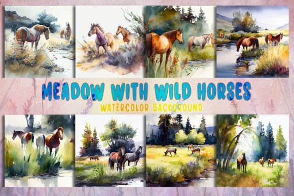 Meadow with Wild Horses Background Illustrations for Real Crafting