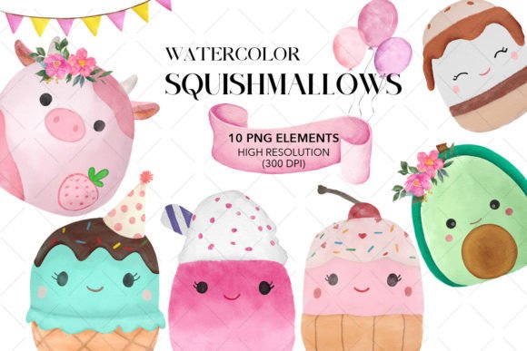 Squishmallows Watercolor Clipart for Crafts Branding