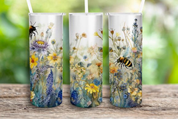 Watercolor Bees Wildflowers Tumbler Png for Crafts