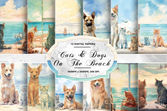 Watercolor Cats and Dogs on the Beach Backgrounds