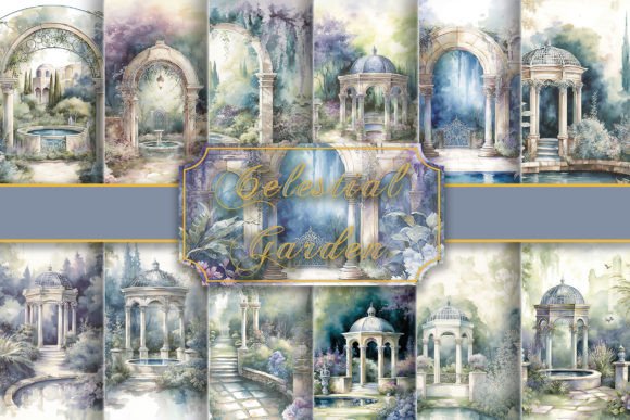 Watercolor Celestial Garden DigitalPaper Backgrounds