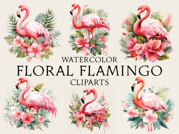 Watercolor Floral Flamingo Cliparts for Crafts Branding