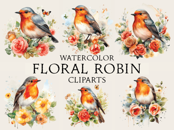Watercolor Floral Robin Cliparts for Local Crafts Branding