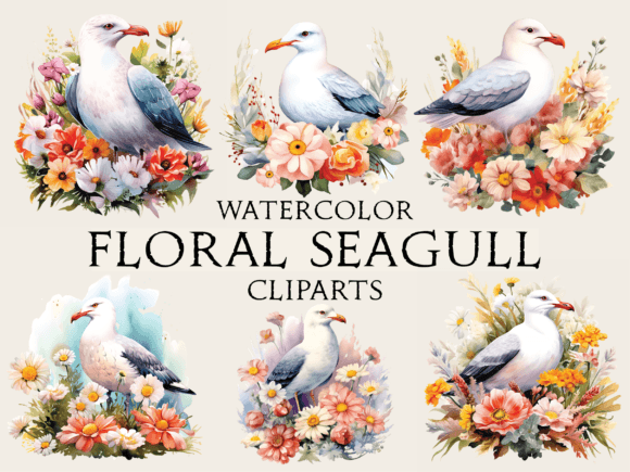 Watercolor Floral Seagull Cliparts for Crafts