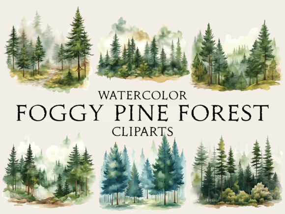 Watercolor Foggy Pine Forest Cliparts for Crafts