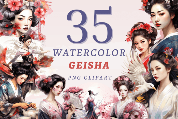 Watercolor Geisha PNG Bundle for Elegant Crafts