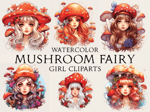 Watercolor Mushroom Fairy Girl Cliparts for Crafts