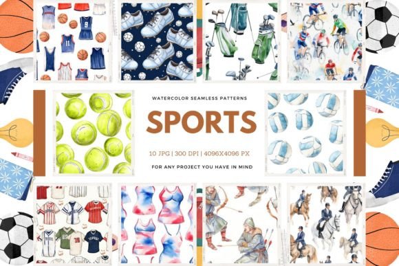 Watercolor Sports Seamless Patterns for Active Branding
