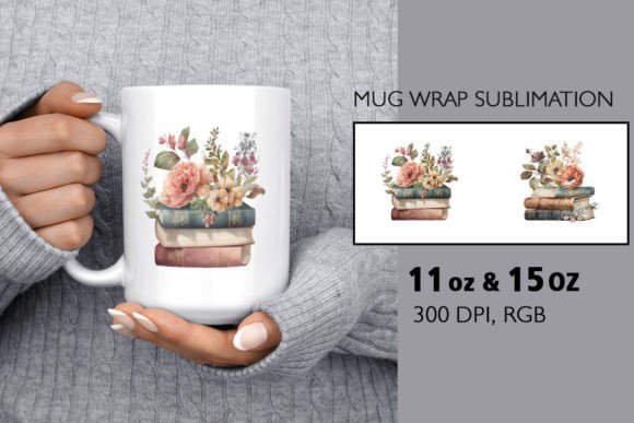 Watercolor Vintage Books Mug Sublimation Print Templates