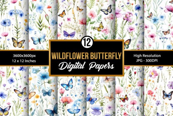 Watercolor Wildflower Butterfly Patterns for Brand Design