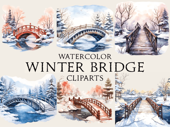 Watercolor Winter Bridge Cliparts for Crafts