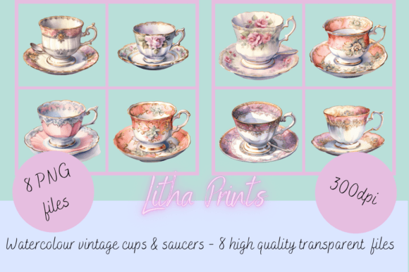 Watercolour Vintage Tea Cups for Crafts